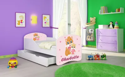Produktbild von ACMA I Jugendbett Kinderbett Junior-Bett Komplett-Set mit Matratze Lattenrost Weiß 33 Miezekatzen 160x80 + Bettkasten