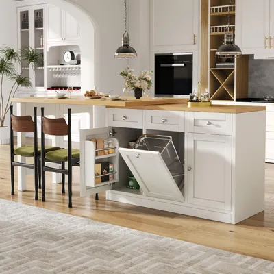 Produktbild von MODFU Ausziehbarer Kücheninsel Bartisch mit Klappbarer Esstisch und Schublade Küchenschrank Sideboard herausziehbarer Mülleimerhalter(Eimer nicht enthalten) Küchentisch mit Snackablage für kleine Wohnungen Weiß