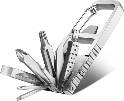 Produktbild von Multitool 12 in 1 Schlüsselanhänger, Edelstahl, Kompakte Werkzeuge für Camping, Wandern, Flaschenöffner