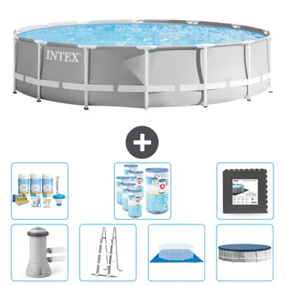 Produktbild von Intex Round Prism Frame Swimming Pool – 427 x 107 cm – Grau – inklusive Pumpe – Leiter – Bodenplane – Abdeckung Wartungspaket - Filter - Bodenfliesen