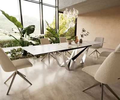 Produktbild von DELIFE Esstisch Edge 200-300x100 Keramik Calacatta Luxe Weiß-Gold-Grau Spider Flachstahl Edelstahl ausziehbar
