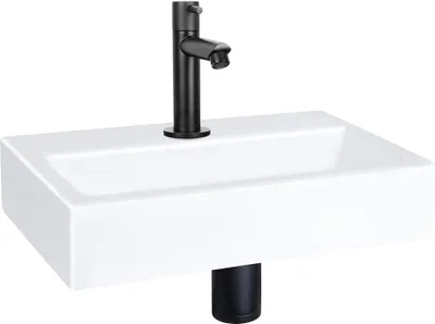 Produktbild von Differnz Flat Waschbecken-Set 38x24x7 cm – Keramikbecken Mit Armatur – Gerade Kaltwasserarmatur Mattschwarz – Mit Siphon & Ablauf – Gäste-WC Waschbecken – Rechteckig Weiß