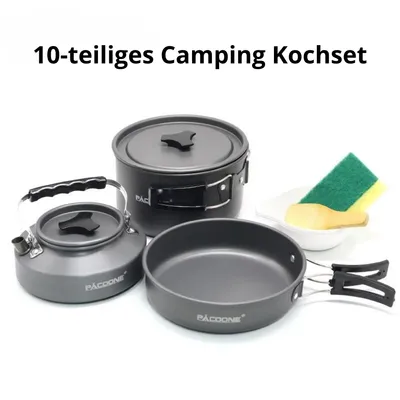 Produktbild von Camping Kochset 10-teilig – Outdoor Topfset mit Wasserkocher & Pfanne, Leichtes Campinggeschirr aus Aluminium für Camping, Wandern