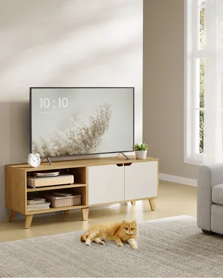 A living room scene with a TV stand, TV, and a cat.