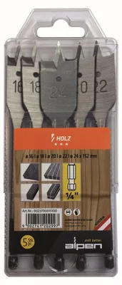 Obrázek produktu pro Sada plochých frézovacích vrtáků Alpen 5 ks 16 18 20 22 24 mm v plastové krabičce 23700015100