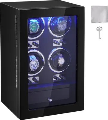 Produktbild von Uhrenbeweger, Automatik-Uhrenbeweger, Watch Winder, Uhrenbeweger für Automatikuhren, Automatischer Uhrenbeweger mit Platz für 4 Uhren, LED Beleuchtung, 150–207 mm Einstellbar Riemenlänge