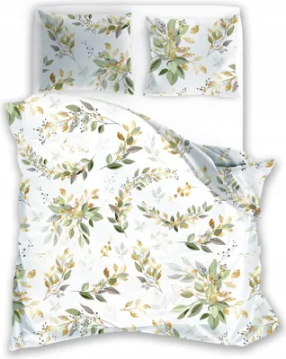 A top-down view of a bedding set with a floral pattern.