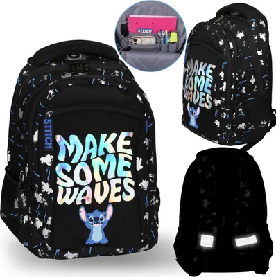 Produktbild von DISNEY Stitch Schwarzer VERSTÄRKTER Schulrucksack TORNISTER für Mädchen, mit Reflektoren VIERFACH 39x28x13cm