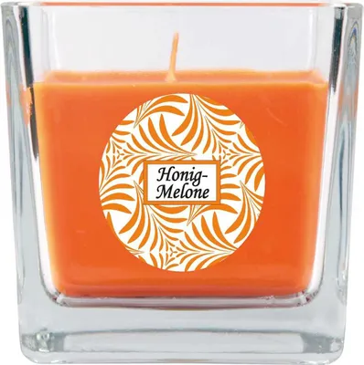 Produktbild von Duftkerze mit Schriftzug "Honigmelone" im Viereck Glas, 190g Wachs - Brenndauer ca.: 50 Stunden, Kerze im Glas in Geschenkverpackung