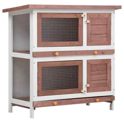 Image de Cage à lapins en bois avec 4 portes. Cage pour lapins, cage pour petits animaux, idéale pour le jardin, avec un enclos et une rampe pour rongeurs et lapins. Couleur : marron