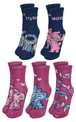 Produktbild von Disney Lilo & Stitch Socken für Mädchen - Stitch & Angel Kinder Kindersocken Söckchen Blau/Pink (5er Pack) 23-26
