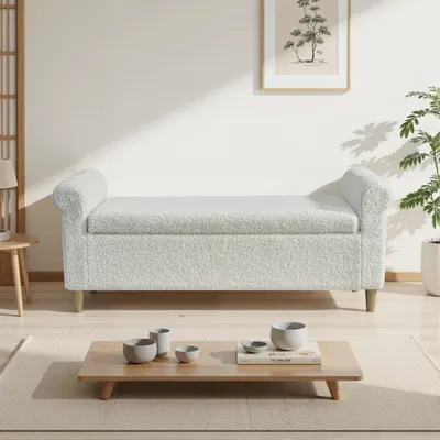 Zdjęcie produktu dla Tapicerowana pufa z schowkiem, wykonana z tkaniny, w stylu skandynawskim, 127 x 51 x 52 cm, biała
