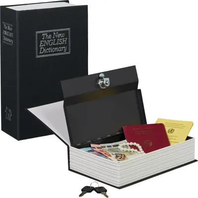 A book safe with its lid open, revealing contents like money, jewelry, and documents. A closed book safe is also visible.