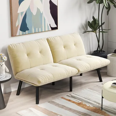 Produktbild von Cremefarbenes, klappbares Modern-Sofa-Bett – 2-Sitzer Futon-Couch mit Schlaffunktion, platzsparendes Gästebett