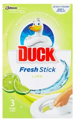 Packaging for a toilet bowl cleaner with a duck mascot, lime slices, and a depiction of the product being applied to a toilet bowl.