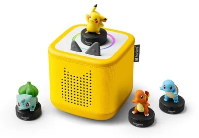 Produktbild von tonies Starterset Bundle, Toniebox 2 (Gelb) mit 4 Pokémon Hörfiguren (Pikachu, Glumanda, Schiggy, Bisasam), Hörspiel- & Musikspaß für Kinder ab 5 Jahren – Gelb + 4 Pokemon
