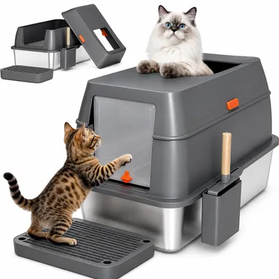 Productafbeelding van Bingopaw kattenbak, 65 liter, roestvrij staal, gesloten kattenbak met unidirectioneel ontwerp, geschikt voor katten tot 11 kg, kattenbak met dubbele deur, inclusief kattenbakvulling, schepje en deksel, AI-gegenereerde afbeelding
