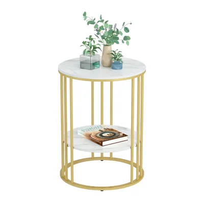 Produktbild von FATIVO Marmor Couchtisch Beistelltisch Gold: Sofatisch 2 Ablagen - Nachttisch rund fürs Wohnzimmer Schlafzimmer mit Eisenrahmen, 40×40×54cm