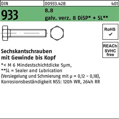 Produktbild von Reyher Sechskantschrauben DIN 933 8.8 M4x25 gal Zn DiSP + SL gal ZnDi (500)