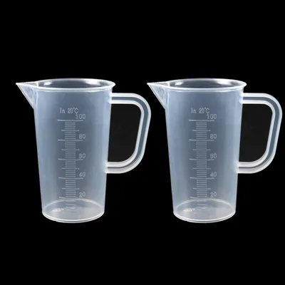 Obrázok produktu pre Sada dvoch odmerných pohárov, objem 100 ml, plast, priehľadné, bez obsahu BPA, odolné voči teplu, s odmernou stupnicou