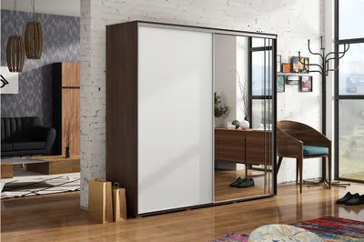 Produktbild von Geräumiger Kleiderschrank mit Spiegel 150/245 HUGO – schoko/weiß