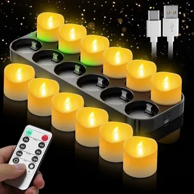 Zdjęcie produktu dla Ładowalne świeczki LED - 12 sztuk - 4 x 4 x 4 cm - W zestawie pilot i ładowarka USB-C - Do dekoracji i oświetlenia nastrojowego