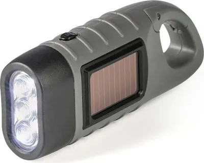 Zdjęcie produktu dla Latarka EASYmaxx Solar z korbką dynamową – latarka solarna z dynamem, jasna dioda LED, do użytku w pomieszczeniach i na zewnątrz, na kempingu, jako oświetlenie awaryjne, z karabińczykiem, bez baterii