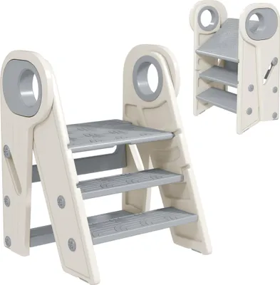 Produktbild von Dreistufiger Kindertritthocker, Kš¹chentritthocker fš¹r Kinder, klappbar, h?henverstellbar in 2 bis 3 Stufen, grau
