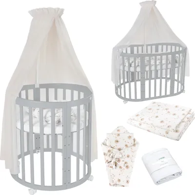 Produktbild von Mobiles Babybett OWAL aus Holz 7in1 mit Matratze, mitwachsend,Stoffe Champagner Löwenzahn,Holz grau