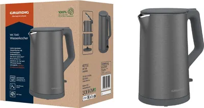 The image shows the packaging of a Grundig electric kettle, with a separate image of the kettle itself on the right.