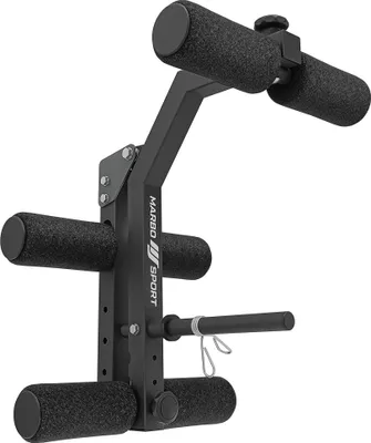 A black leg press attachment for a weight bench.