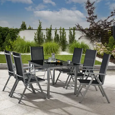 Produktbild von Juskys Aluminium Gartengarnitur Milano Gartenmöbel Set mit Tisch und 6 Stühlen Silber-Grau mit schwarzer Kunstfaser Alu Sitzgruppe Balkonmöbel