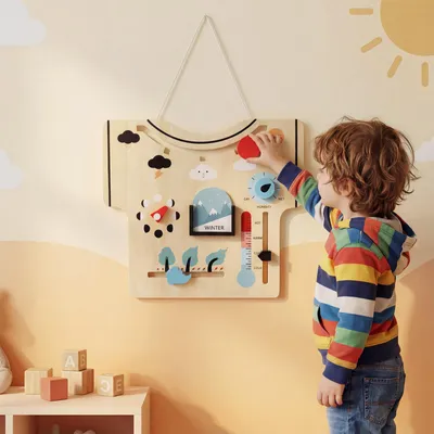 Zdjęcie produktu dla COSTWAY Deska motoryczna Montessori, tablica aktywności z porami roku, pogodą, fazami księżyca, siłą wiatru, temperaturą i wilgotnością powietrza, zabawka dla dzieci powyżej 1 roku życia