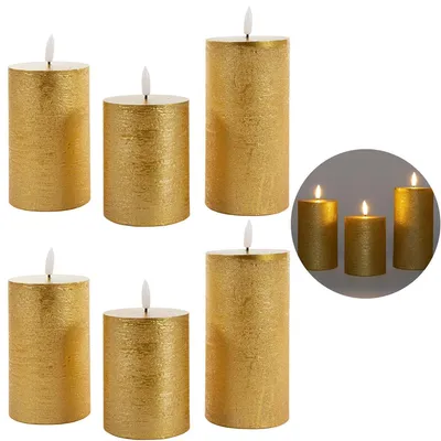 Produktbild von 6er Set Led Kerzen 7,5cm ø Kerze flackernde Flamme mit Fernbedingung GOLD 15 cm + 12,5 cm + 10 cm Höhe, LED Kerzen mit Timerfunktion, 3 AAA Batterien nötig, LED Echtwachs Stumpenkerzen warmweiß