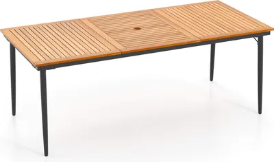Zdjęcie produktu dla stół ogrodowy o długości 200 cm dla 6-8 osób, prostokątny stół ogrodowy z 5 cm otworem na parasol i solidnymi metalowymi nogami, stół z naturalnego drewna akacjowego