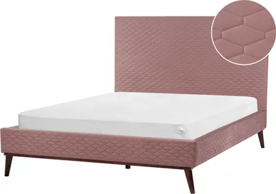 Produktbild von BELIANI Bett Rosa Samt mit Lattenrost 140 x 200 cm Gestepptes Hohes Kopfteil Schlanke Holzbeine Glamourös Polsterbett Doppelbett Samtbett Ehebett