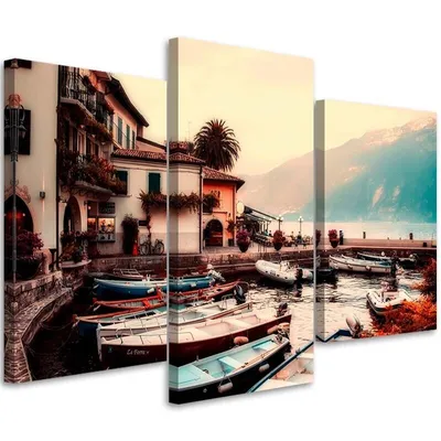 Produktbild von Triptychon auf leinwand jachthafen am see 60x40 cm Feeby braun wandbild bereit zum aufhängen