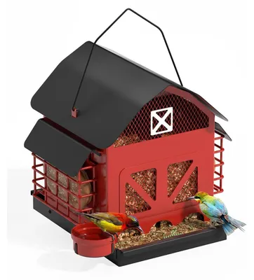 Immagine prodotto di Distributore di mangime per uccelli in metallo, a forma di casa, resistente alle intemperie, con 2 portacibo per grasso, colore nero e rosso