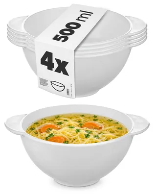 Produktbild von KADAX Suppenschüsseln 500ml, 4er Set, weiße Suppenschalen aus Glas Servierschüssel für Suppen, Brühen und Eintöpfen, Müslischalen in Weiß, Suppentassen mit Griffen, spülmaschinengeeignet