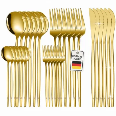 Produktbild von Roxlin Besteckset 30-teilig Standard Design – Edelstahl Tafelbesteck für 6 Personen – Rostfrei, Kratzfest & Spülmaschinenfest – Gold