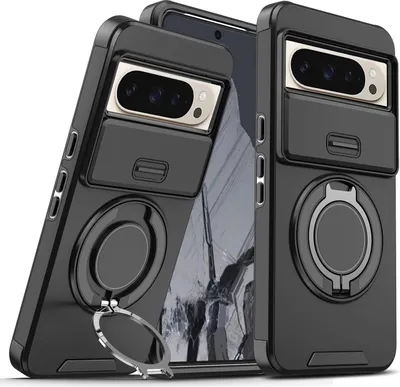 Image de Etui double couche pour Goolge Pixel 10 Pro XL, avec couvercle coulissant pour l'appareil photo et support magnétique en forme d'anneau Noir