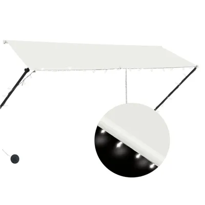 A white retractable awning with LED lights is shown against a white background. A close-up inset shows the LED lights.