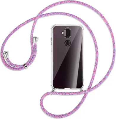 Produktbild von Handykette Backcover-Schutzhülle mit Band (Metall silberfarben) für Nokia 8.1 - lila/rosa/blau