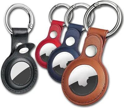 Produktbild von Leder Schlüsselbund für Apple AirTags – Premium Leder Schlüsselanhänger in Schwarz, Braun, Rot & Blau – Stilvoller AirTag Halter – Mix / 4er Pack