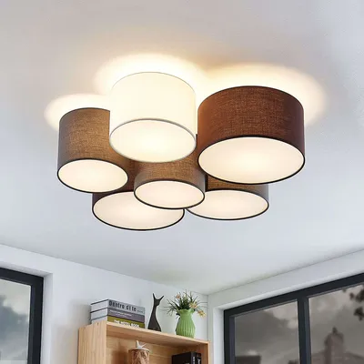 Produktbild von Lindby - Klassisch I Antik Ländliche Deckenleuchte I Deckenlampe I Lampe I Leuchte 6 Lampen - Laurenz I Wohnzimmer I Schlafzimmer - Textil Rund - LED geeignet E27