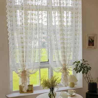 Produktbild von 2 Stück Vorhang Spitze Blumen Stickerei Voile Gardine mit für Wohnzimmer Schlafzimmer Hochzeit, BxH:140x225cm