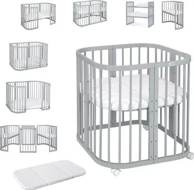 A collage of different configurations of a grey baby crib and a folded mattress.