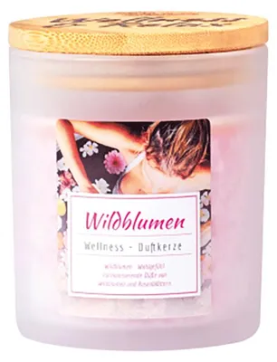 Zdjęcie produktu dla Świece zapachowe Wellness w satynowym szklanym pojemniku z bambusową pokrywką, wykonane z naturalnego stearynu, czas palenia: około 30 godzin, zapach: polne kwiaty