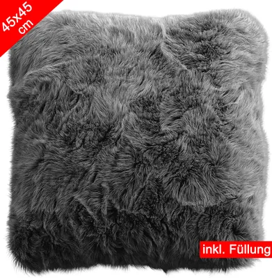 Produktbild von Fellkissen mit Füllung - Sofakissen, Couchkissen, Kuschelkissen, Dekokissen - Couch Stuhl Sofa Wohnzimmer Schlafzimmer deko waschbar Anthrazit