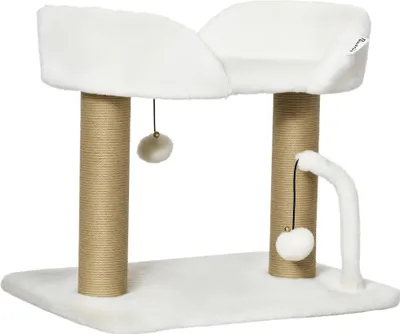 Produktbild von PawHut Katzenkratzbaum mit Spielzeug, 2 Hängebommeln, 2 Sisalstämmen + Plüschplattform – 48 x 38 x 42 cm – Beige Sisal